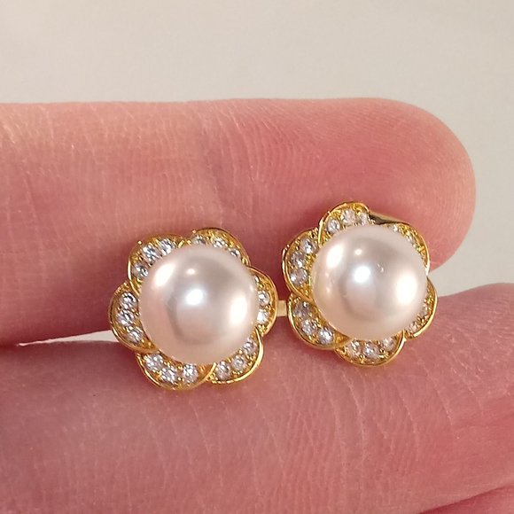 18K Yellow Gold Filled Pearl Swirl Flower Diamond Topaz Zircon Stud Earrings - Picture 6 of 6